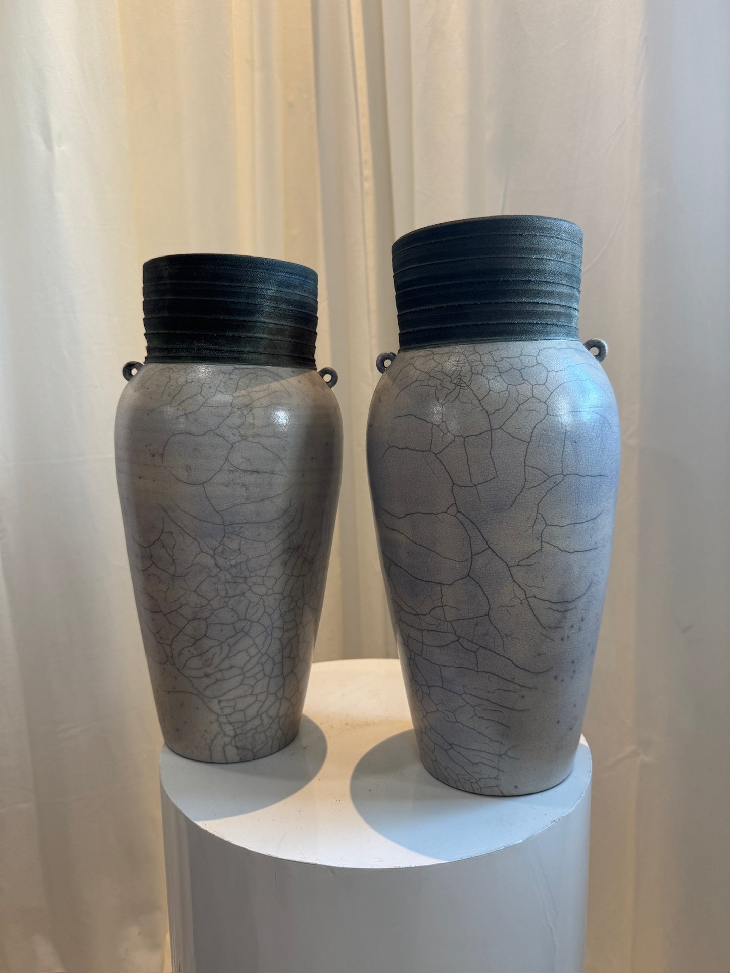 Elegant Handcrafted Raku Ceramic Vase with Crackled Glaze, Ribbed Rim, and Drainage Hole