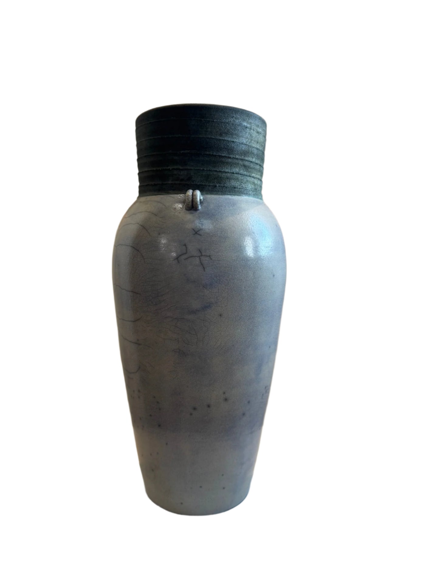 Elegant Handcrafted Raku Ceramic Vase with Crackled Glaze, Ribbed Rim, and Drainage Hole
