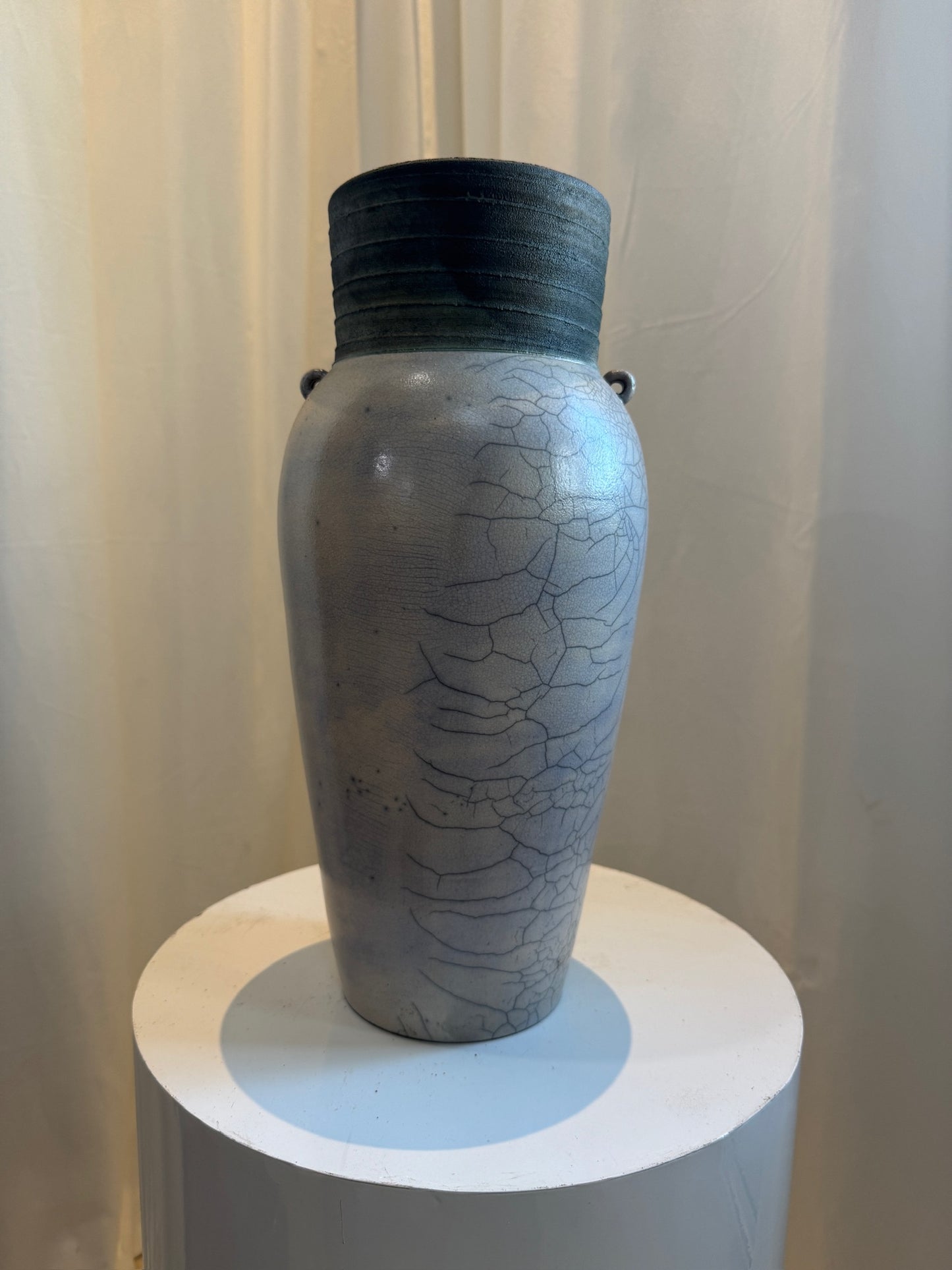 Elegant Handcrafted Raku Ceramic Vase with Crackled Glaze, Ribbed Rim, and Drainage Hole
