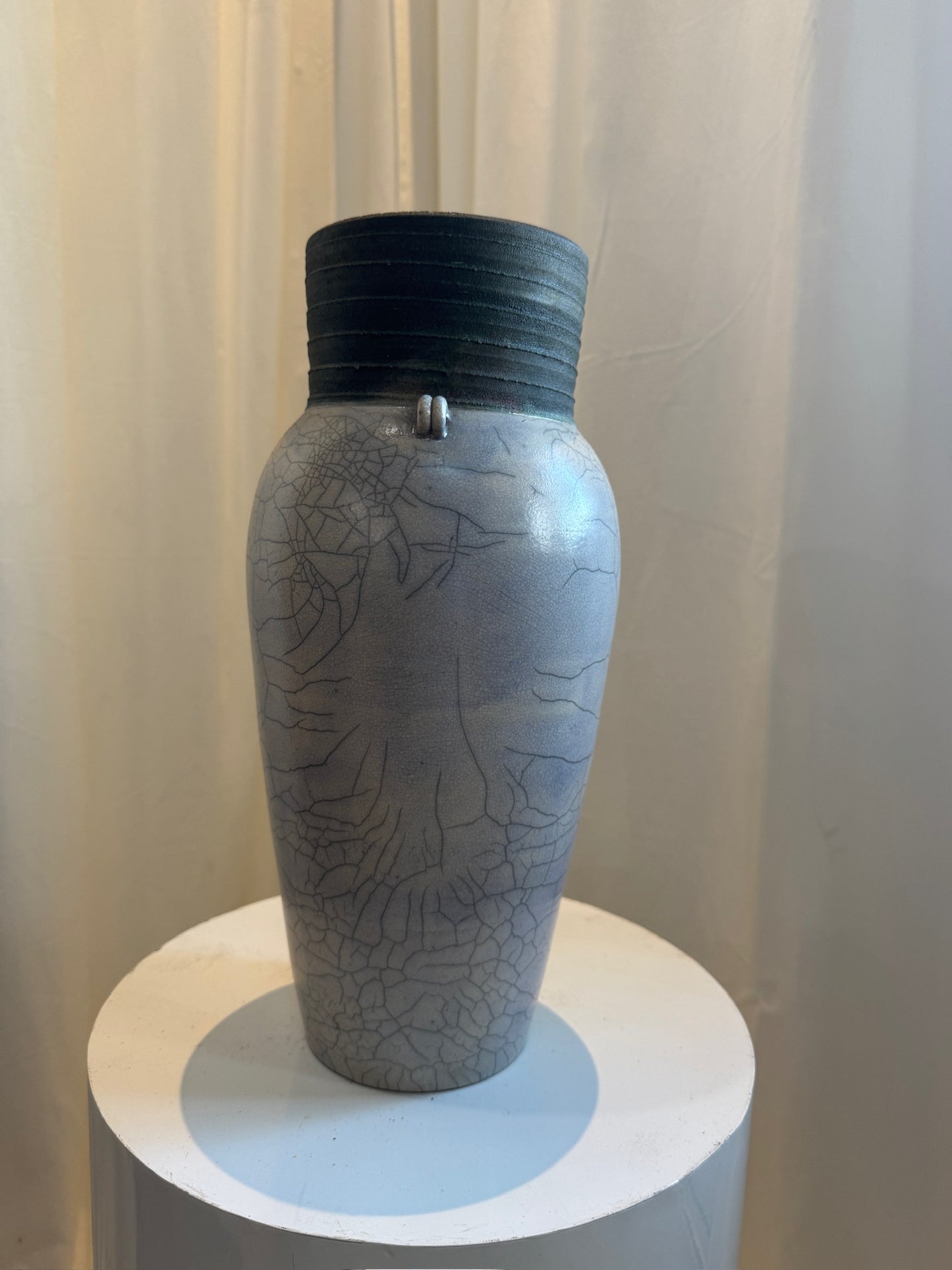 Elegant Handcrafted Raku Ceramic Vase with Crackled Glaze, Ribbed Rim, and Drainage Hole