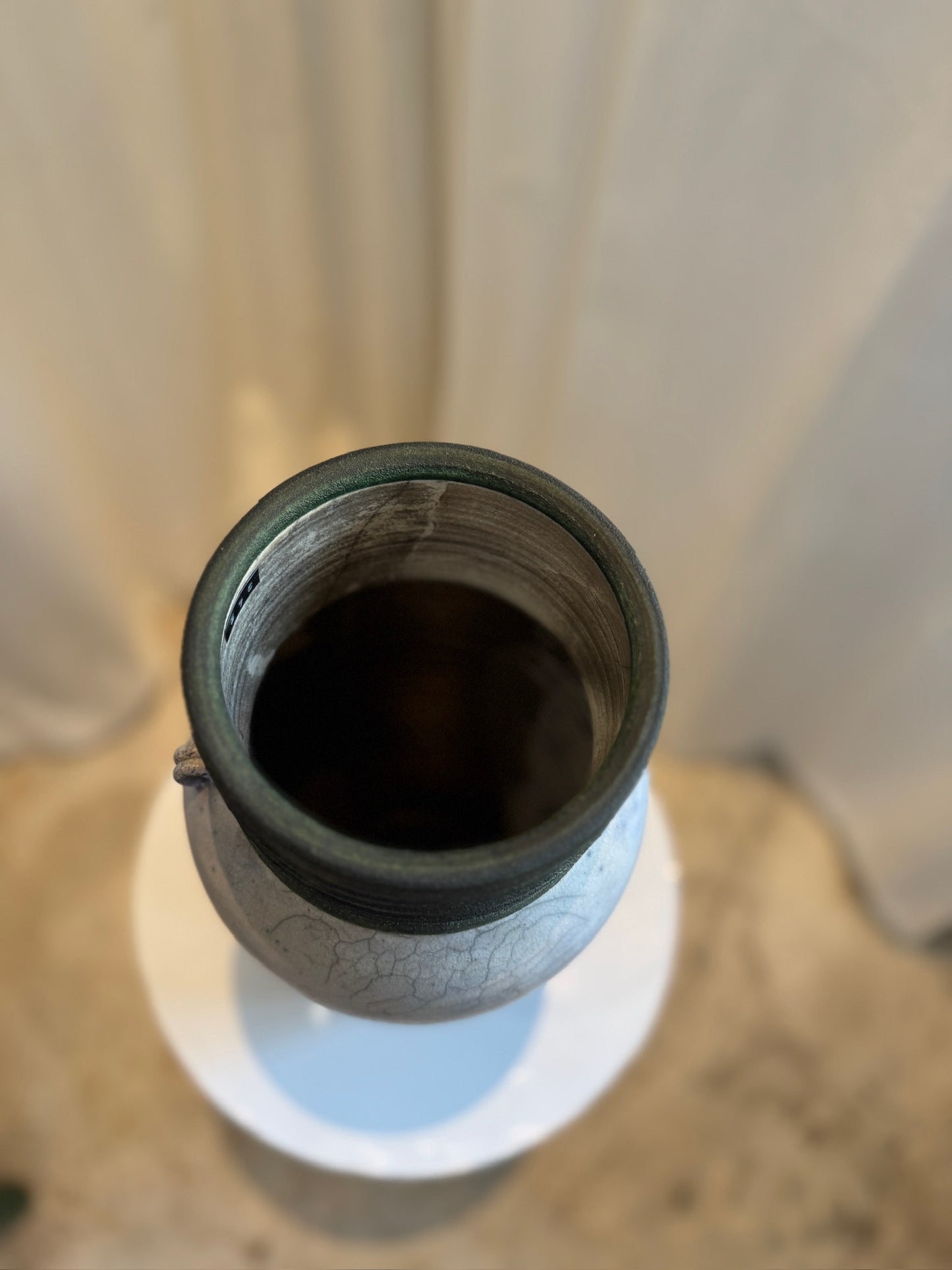 Elegant Handcrafted Raku Ceramic Vase with Crackled Glaze, Ribbed Rim, and Drainage Hole
