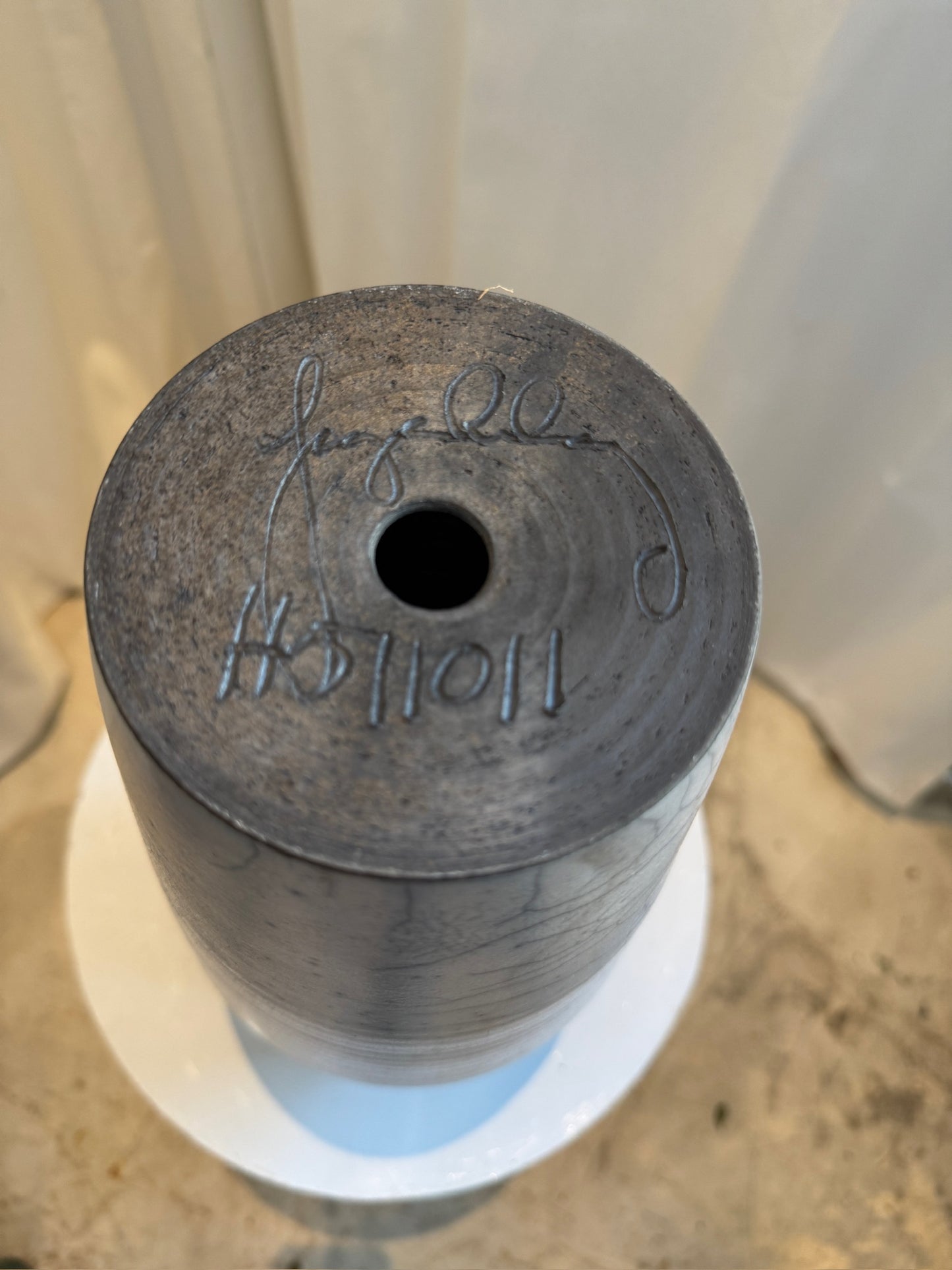 Elegant Handcrafted Raku Ceramic Vase with Crackled Glaze, Ribbed Rim, and Drainage Hole