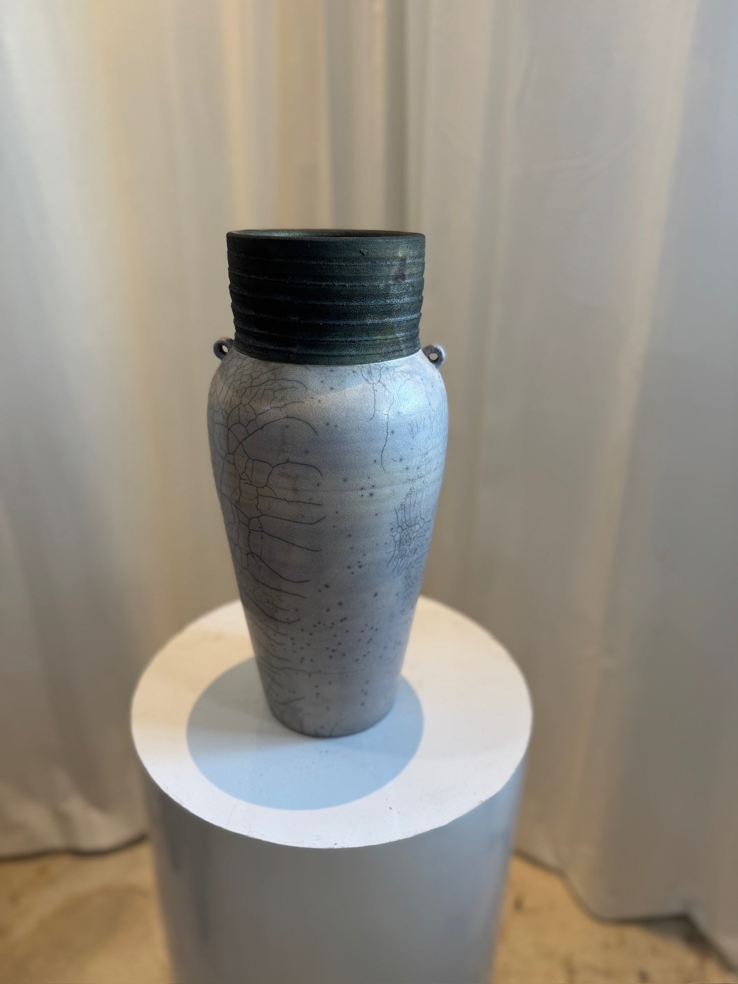 Handcrafted Raku Ceramic Vase with Crackled Glaze and Drainage Hole