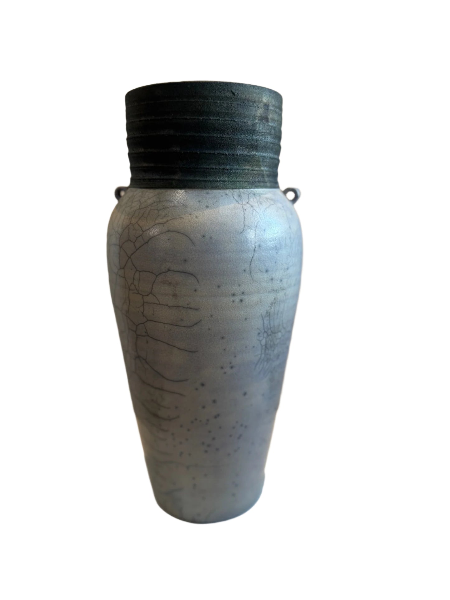 Handcrafted Raku Ceramic Vase with Crackled Glaze and Drainage Hole