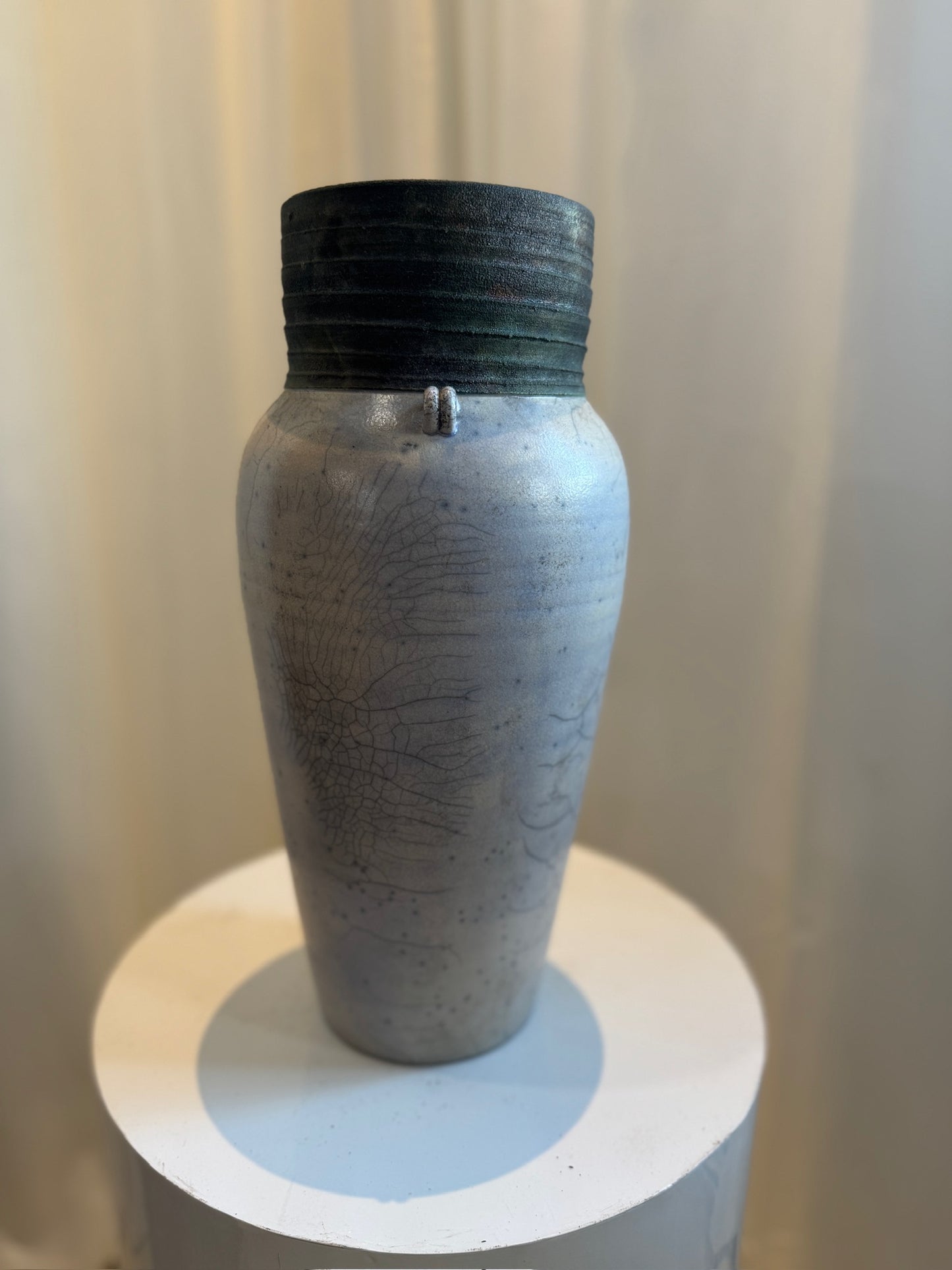 Handcrafted Raku Ceramic Vase with Crackled Glaze and Drainage Hole