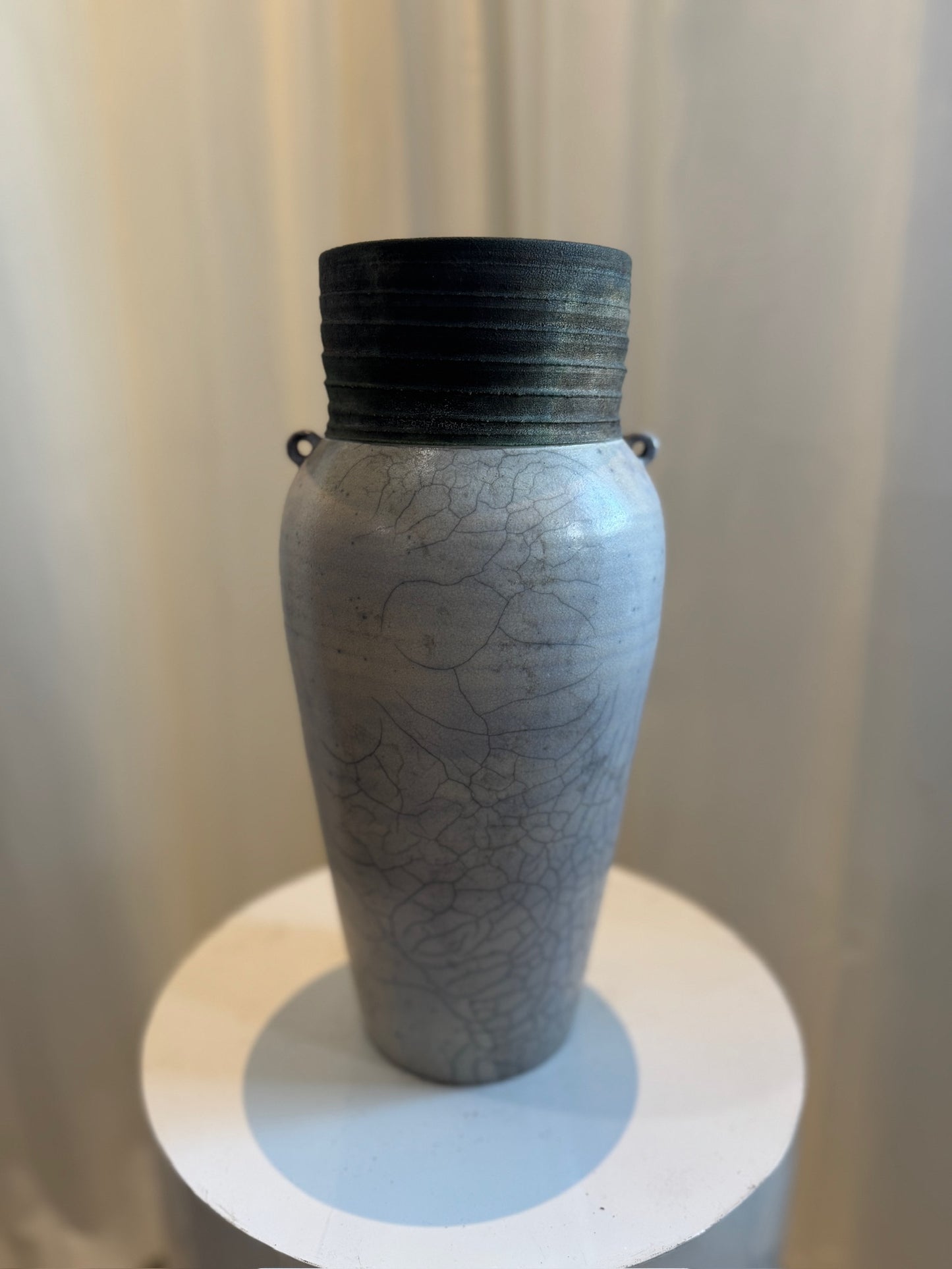 Handcrafted Raku Ceramic Vase with Crackled Glaze and Drainage Hole