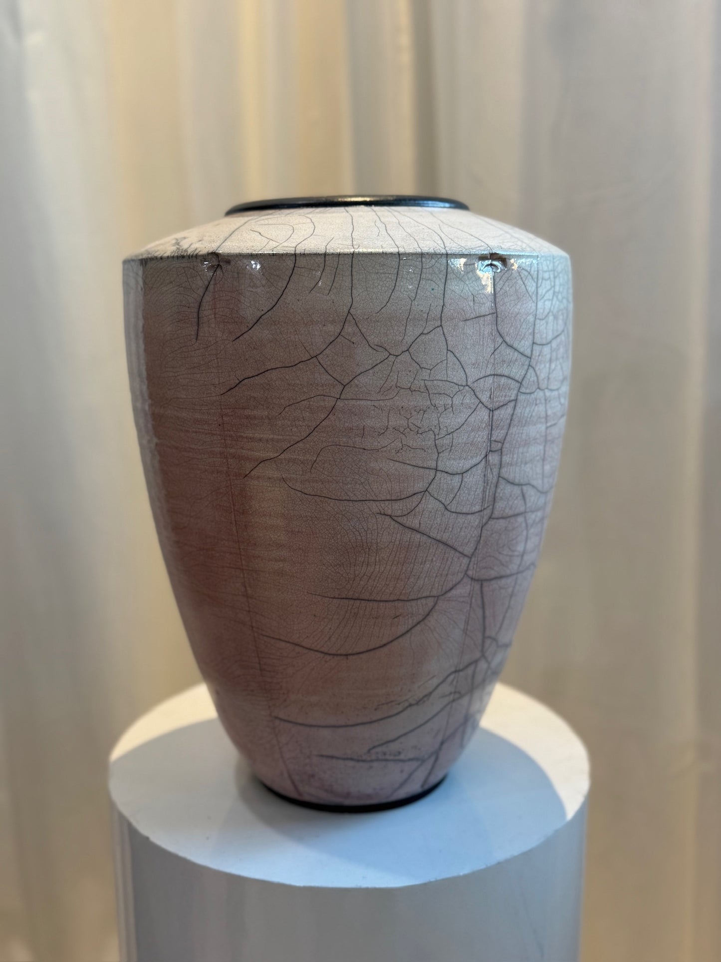 Large Handcrafted Raku Pottery Vase with Crackle Glaze and Artist Signature