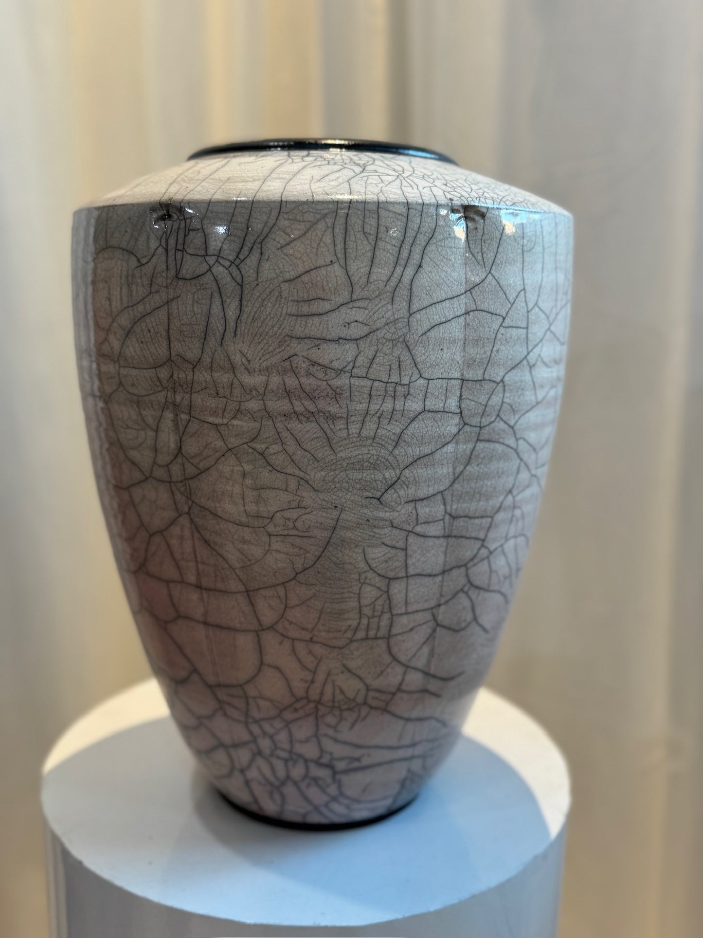 Large Handcrafted Raku Pottery Vase with Crackle Glaze and Artist Signature