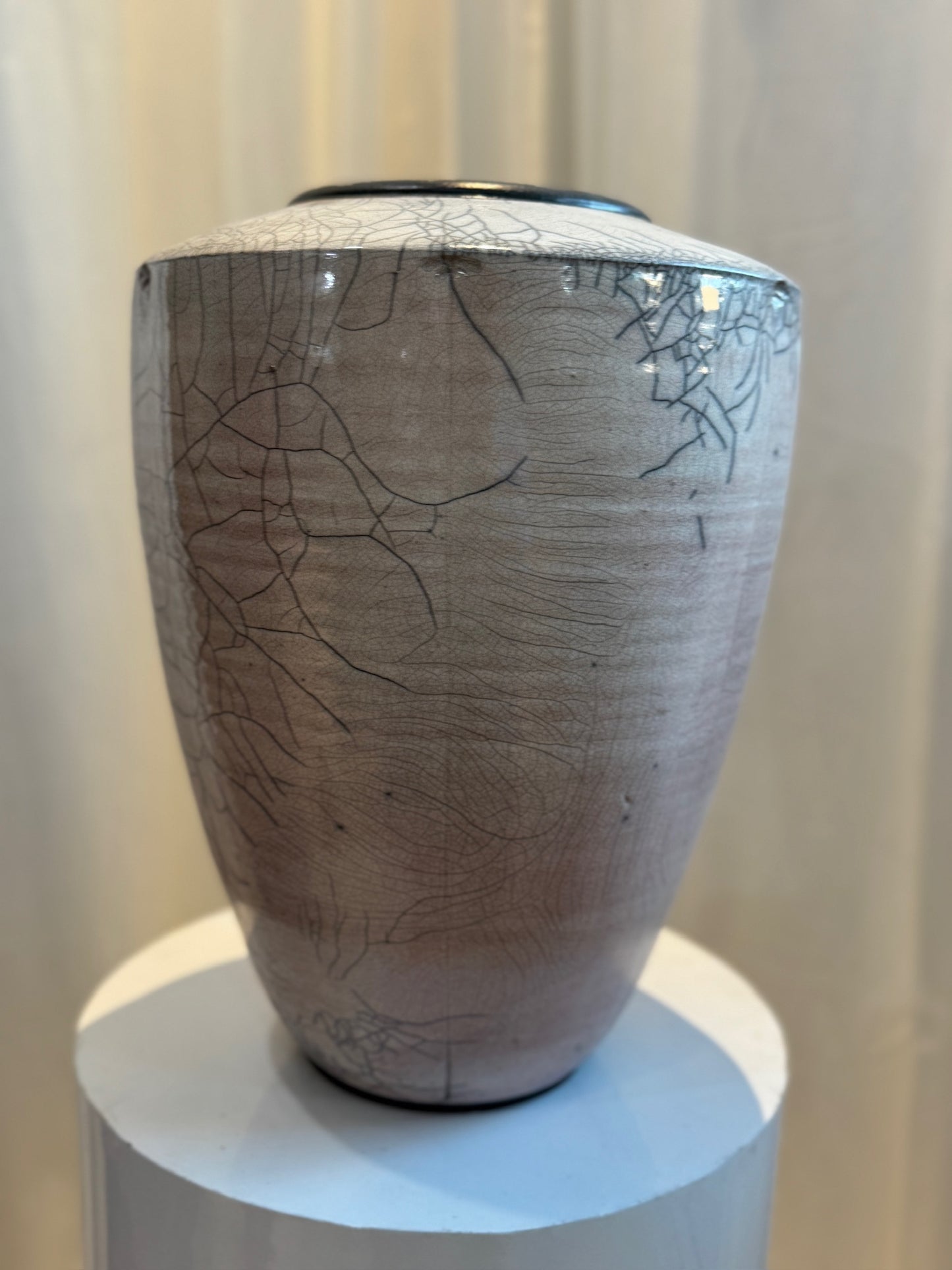 Large Handcrafted Raku Pottery Vase with Crackle Glaze and Artist Signature