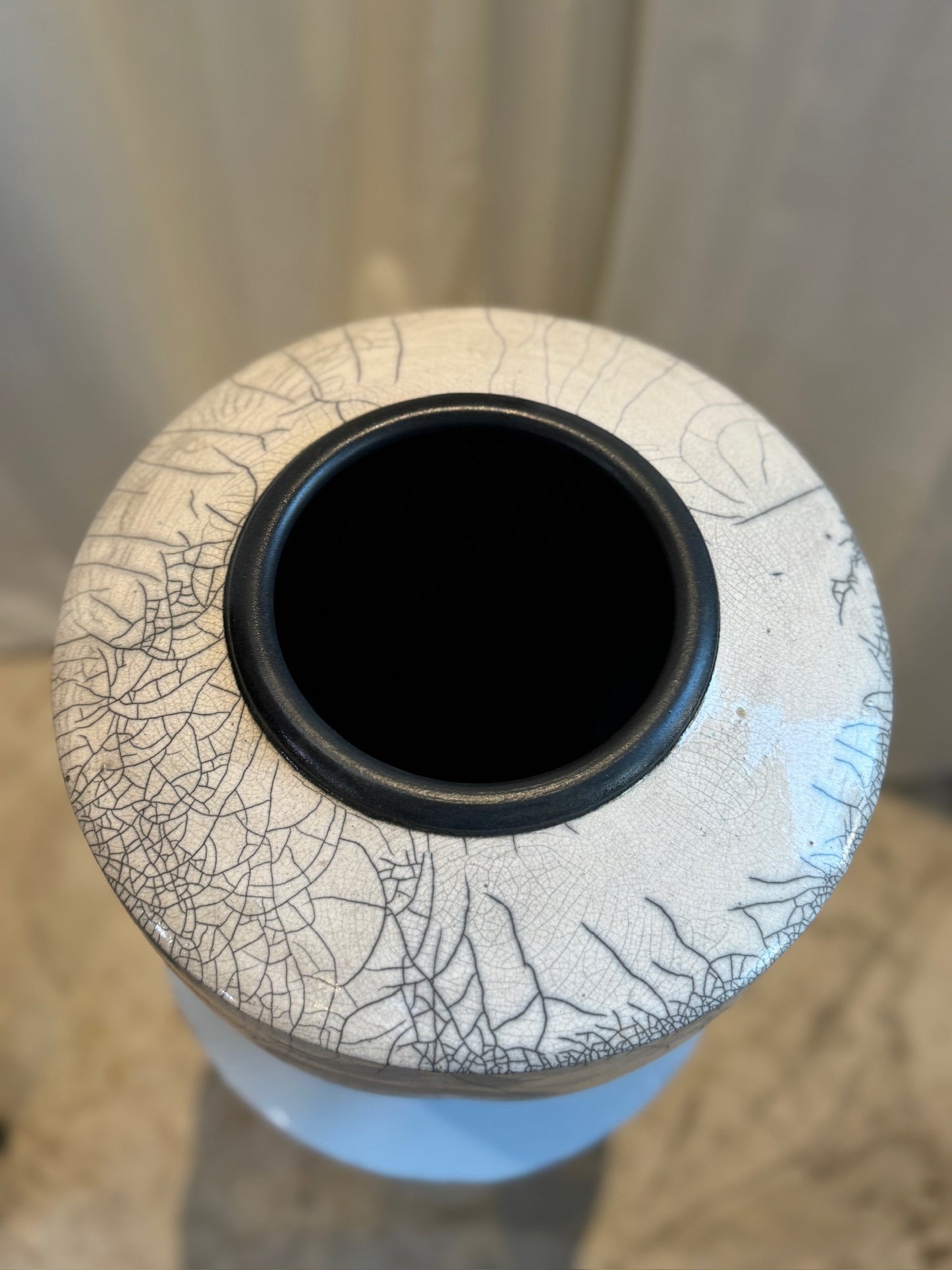 Large Handcrafted Raku Pottery Vase with Crackle Glaze and Artist Signature