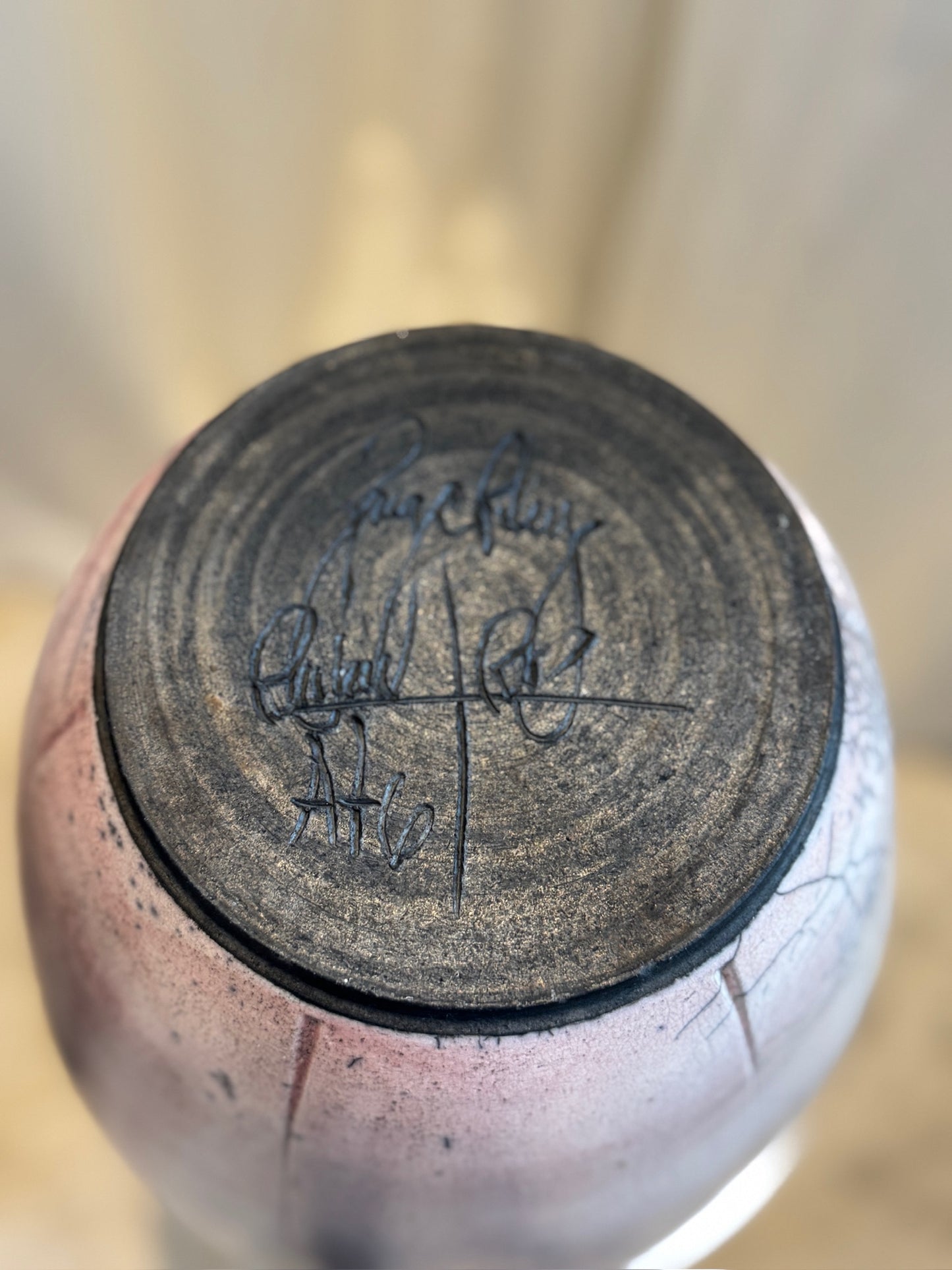 Large Handcrafted Raku Pottery Vase with Crackle Glaze and Artist Signature