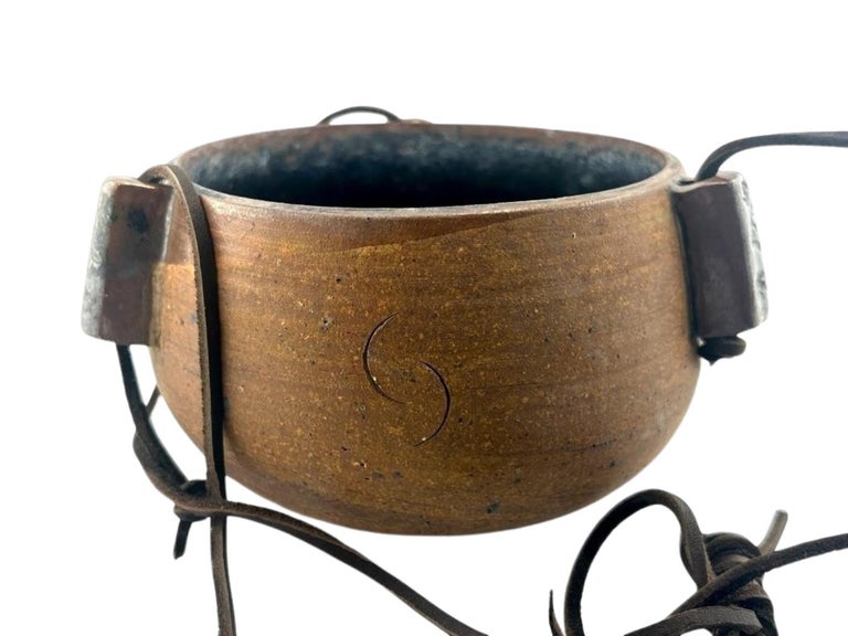 1972 Karroll Studio Pottery Hanging Planter – Rustic Ceramic with Leather