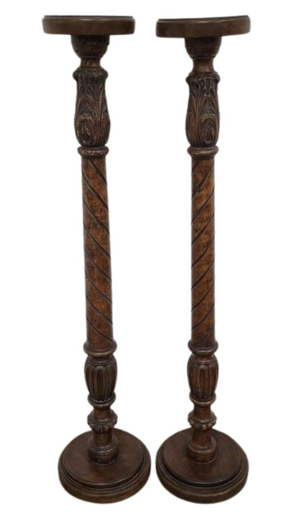Pair of Antique Millstead Hand-Carved Wooden Plant Stands with Barley Twist Columns & Floral Motifs