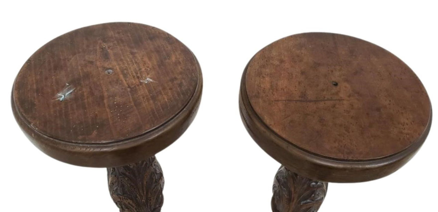 Pair of Antique Millstead Hand-Carved Wooden Plant Stands with Barley Twist Columns & Floral Motifs