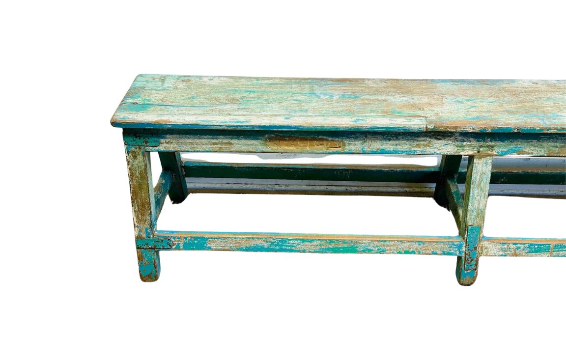 Antique Rustic Turquoise Hand-Painted Bench with Distressed Patina – Primitive Farmhouse Style