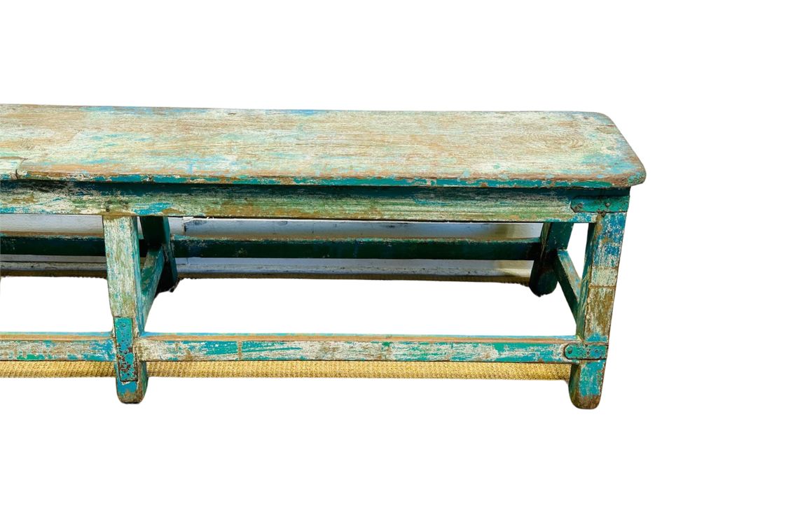Antique Rustic Turquoise Hand-Painted Bench with Distressed Patina – Primitive Farmhouse Style