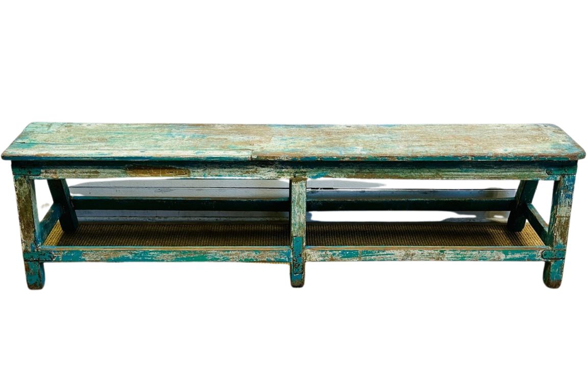 Antique Rustic Turquoise Hand-Painted Bench with Distressed Patina – Primitive Farmhouse Style