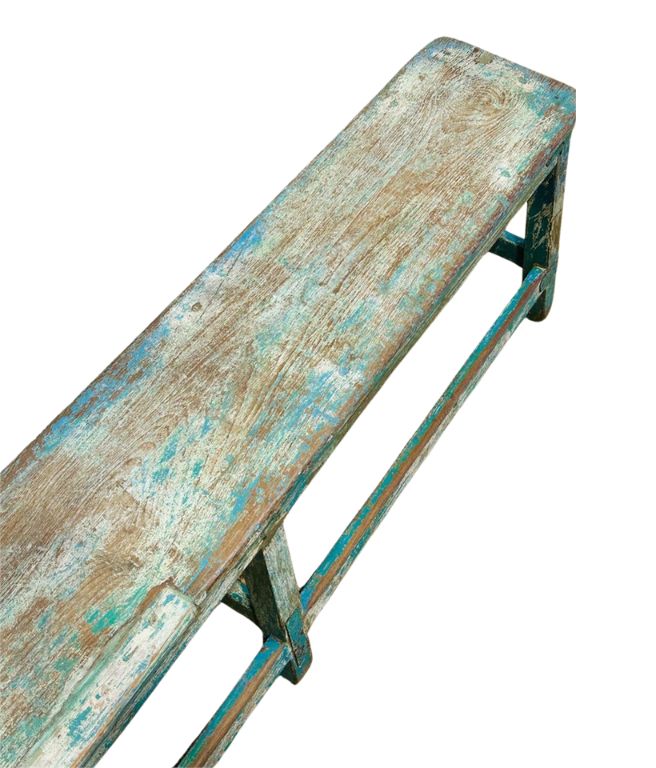 Antique Rustic Turquoise Hand-Painted Bench with Distressed Patina – Primitive Farmhouse Style