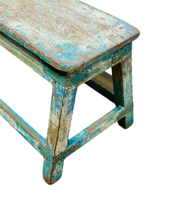 Antique Rustic Turquoise Hand-Painted Bench with Distressed Patina – Primitive Farmhouse Style