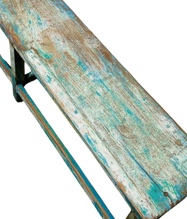 Antique Rustic Turquoise Hand-Painted Bench with Distressed Patina – Primitive Farmhouse Style