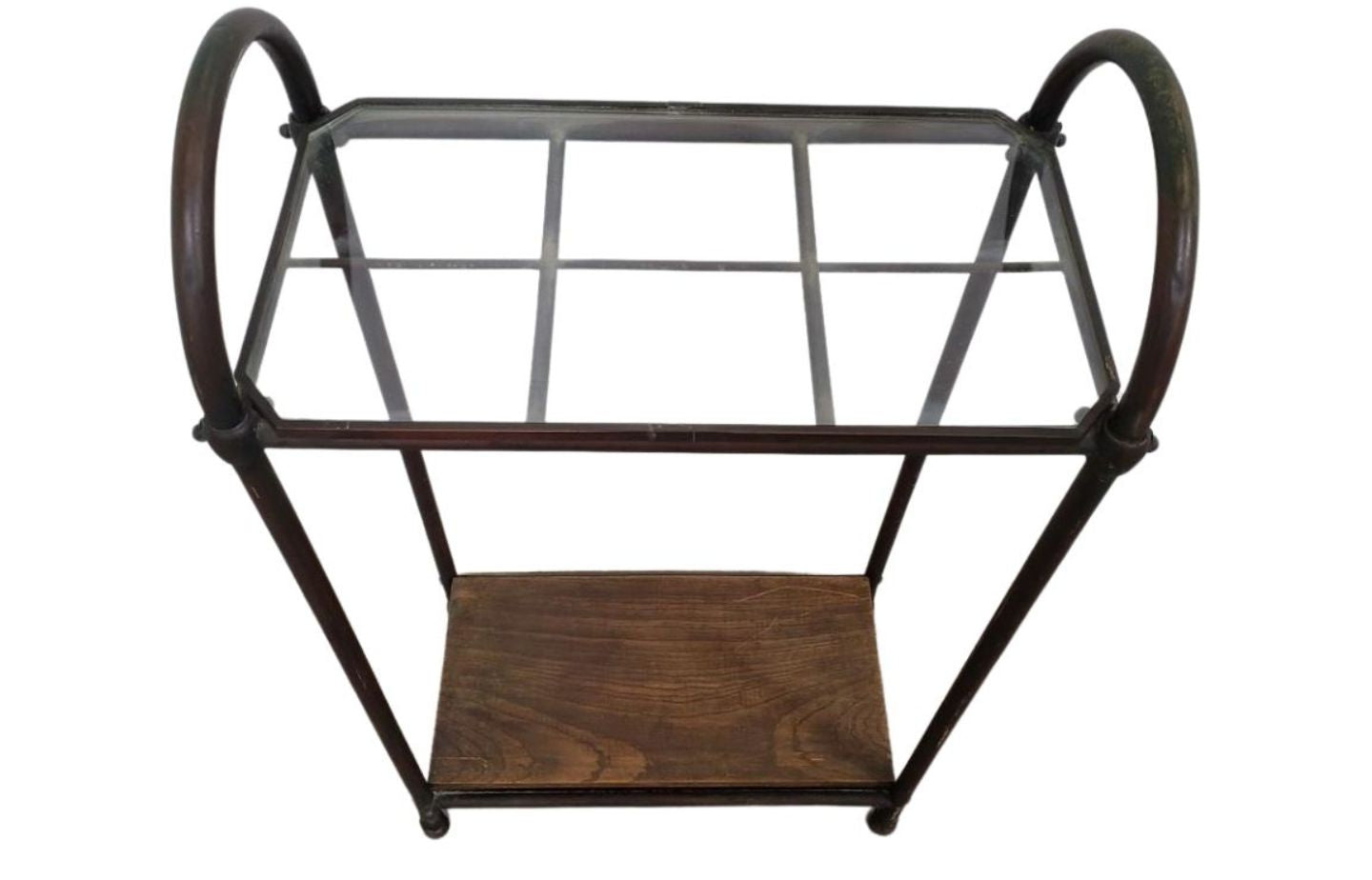 Antique Industrial Copper & Glass Entryway Stand with Wooden Shelf