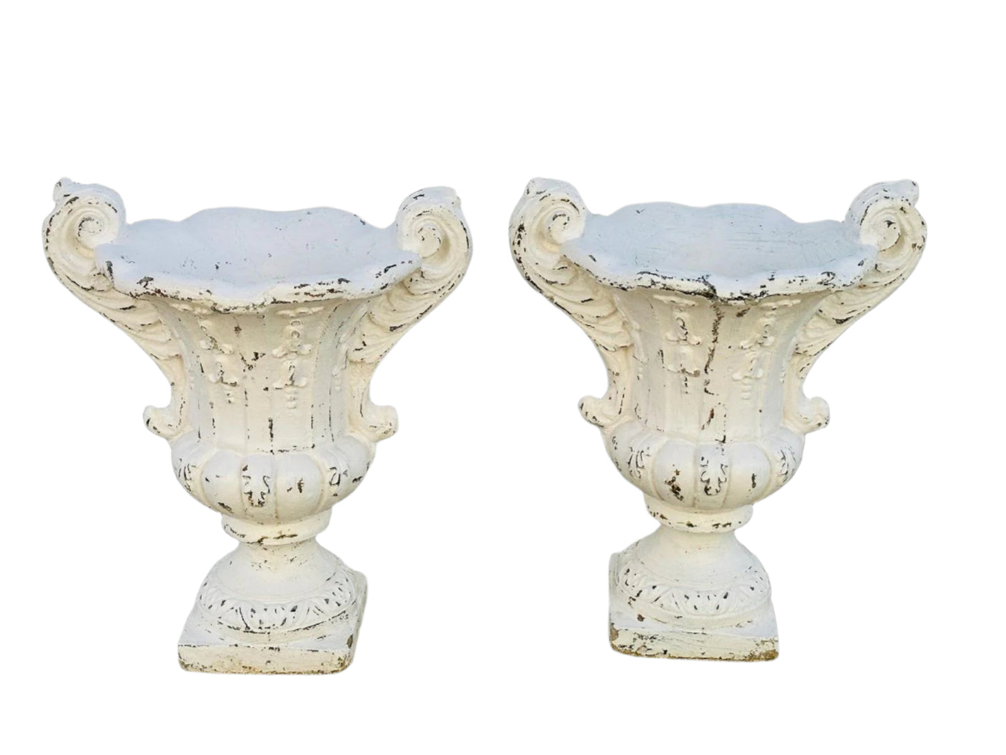 Pair of Vintage White Painted Concrete Garden Urns with Swag Detailing