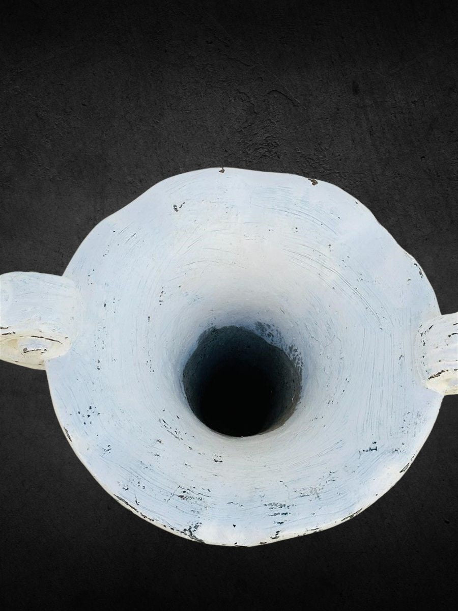 Pair of Vintage White Painted Concrete Garden Urns with Swag Detailing