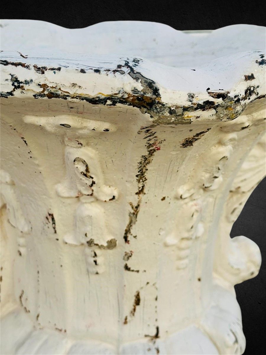 Pair of Vintage White Painted Concrete Garden Urns with Swag Detailing