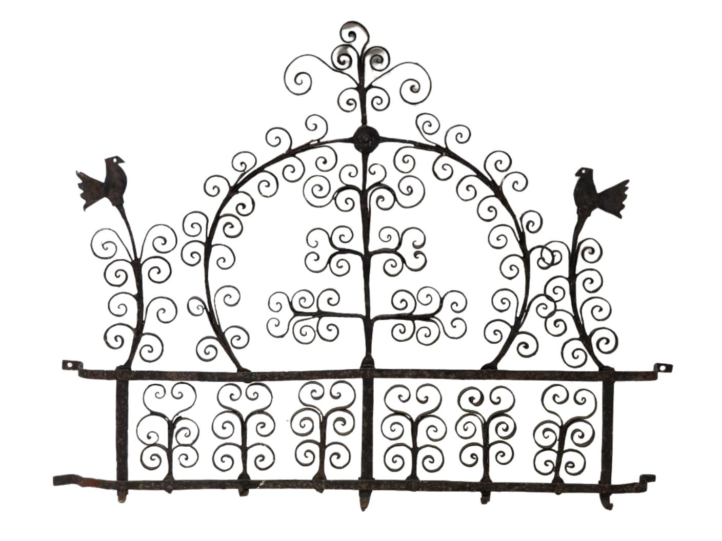 Antique 17th-Century Spanish Style Wrought Iron Wall Rack with Bird Motif