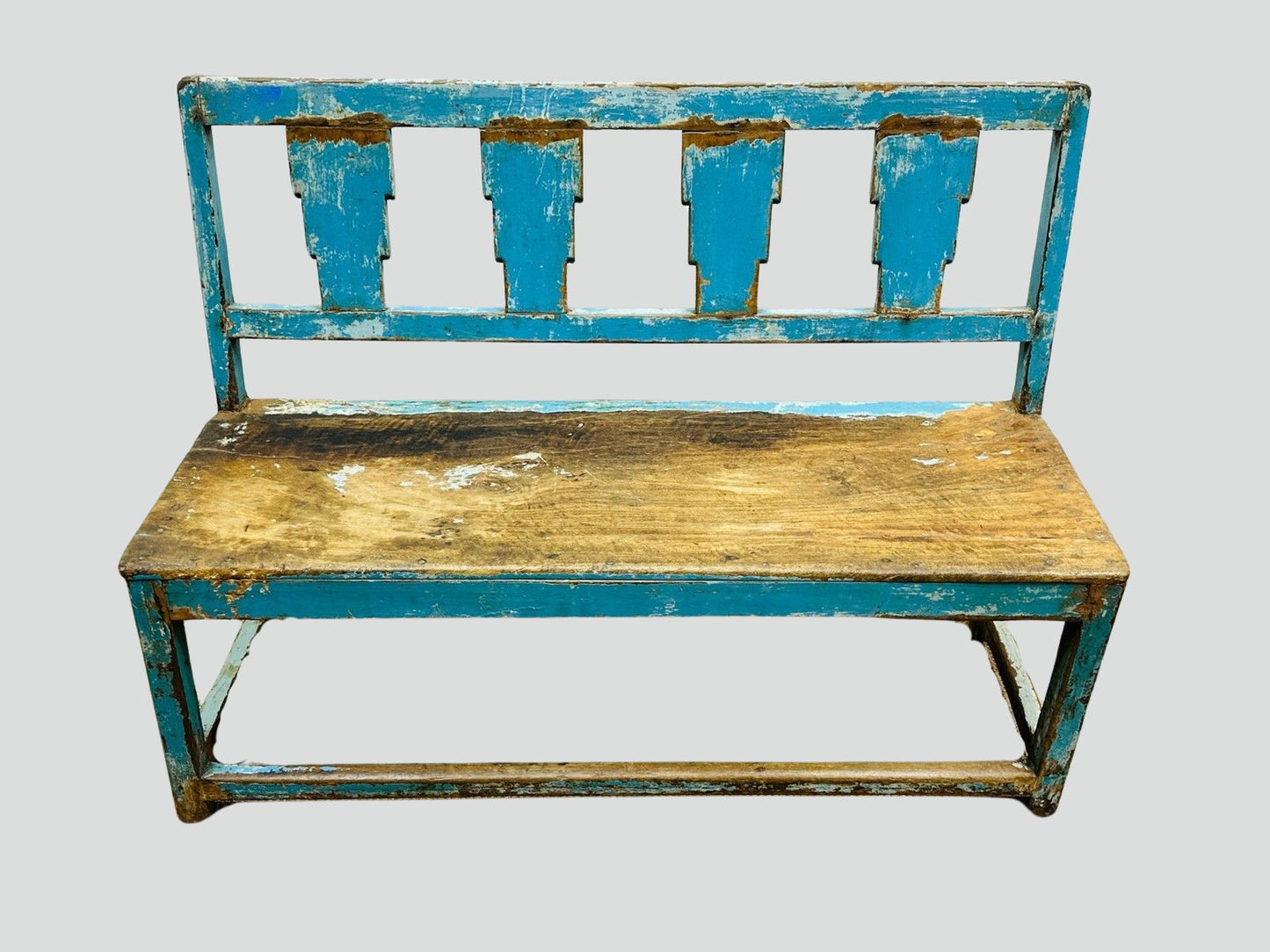 Rustic Distressed Blue Wooden Bench with Geometric Cutout Backrest