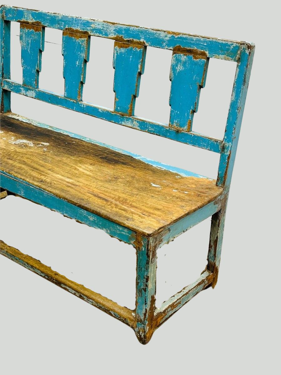 Rustic Distressed Blue Wooden Bench with Geometric Cutout Backrest