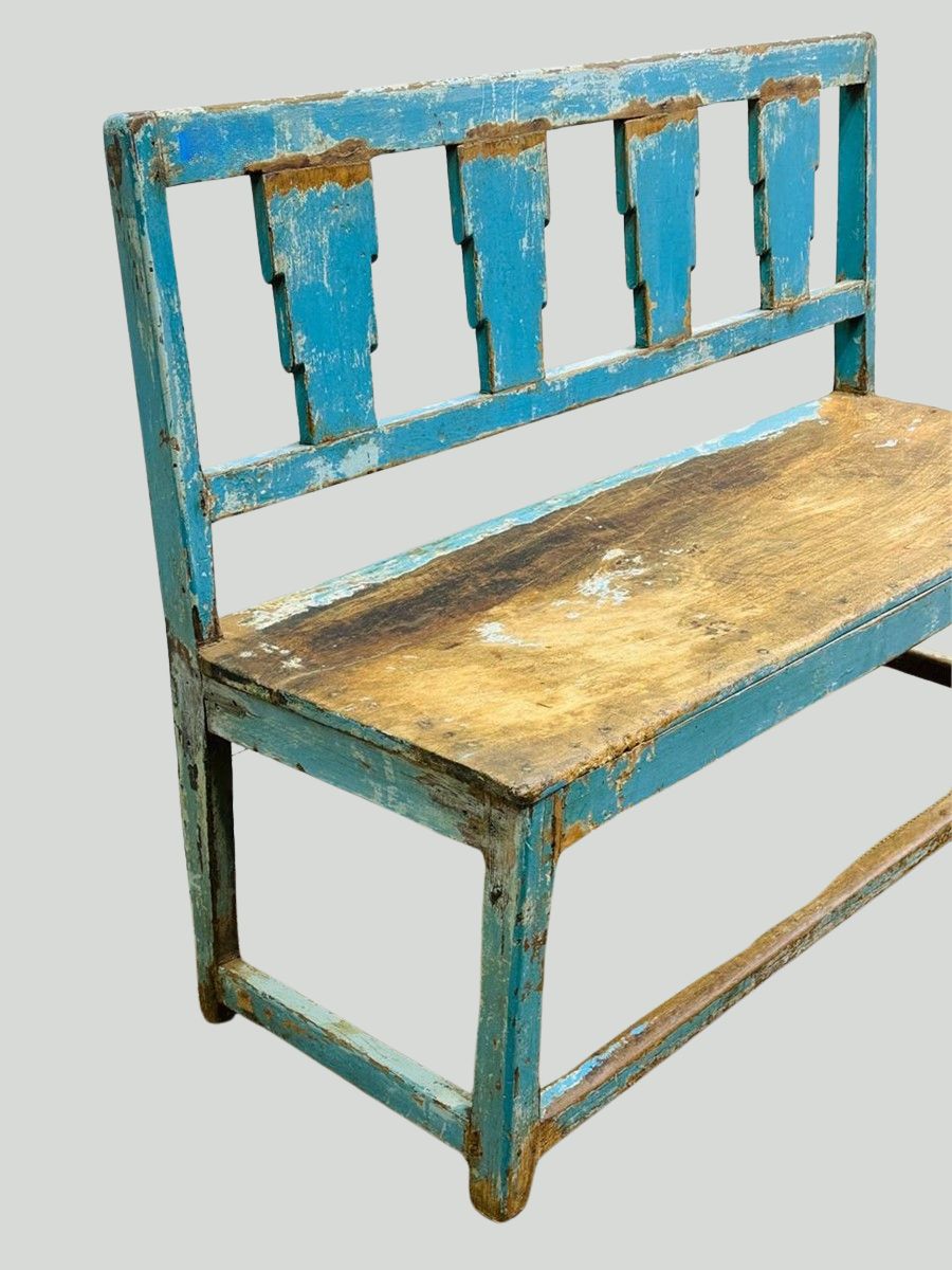 Rustic Distressed Blue Wooden Bench with Geometric Cutout Backrest