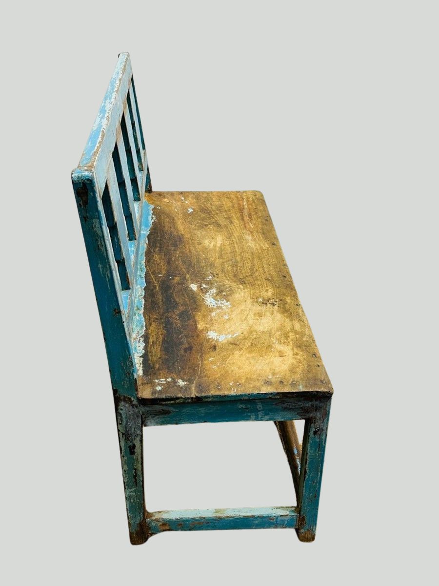 Rustic Distressed Blue Wooden Bench with Geometric Cutout Backrest