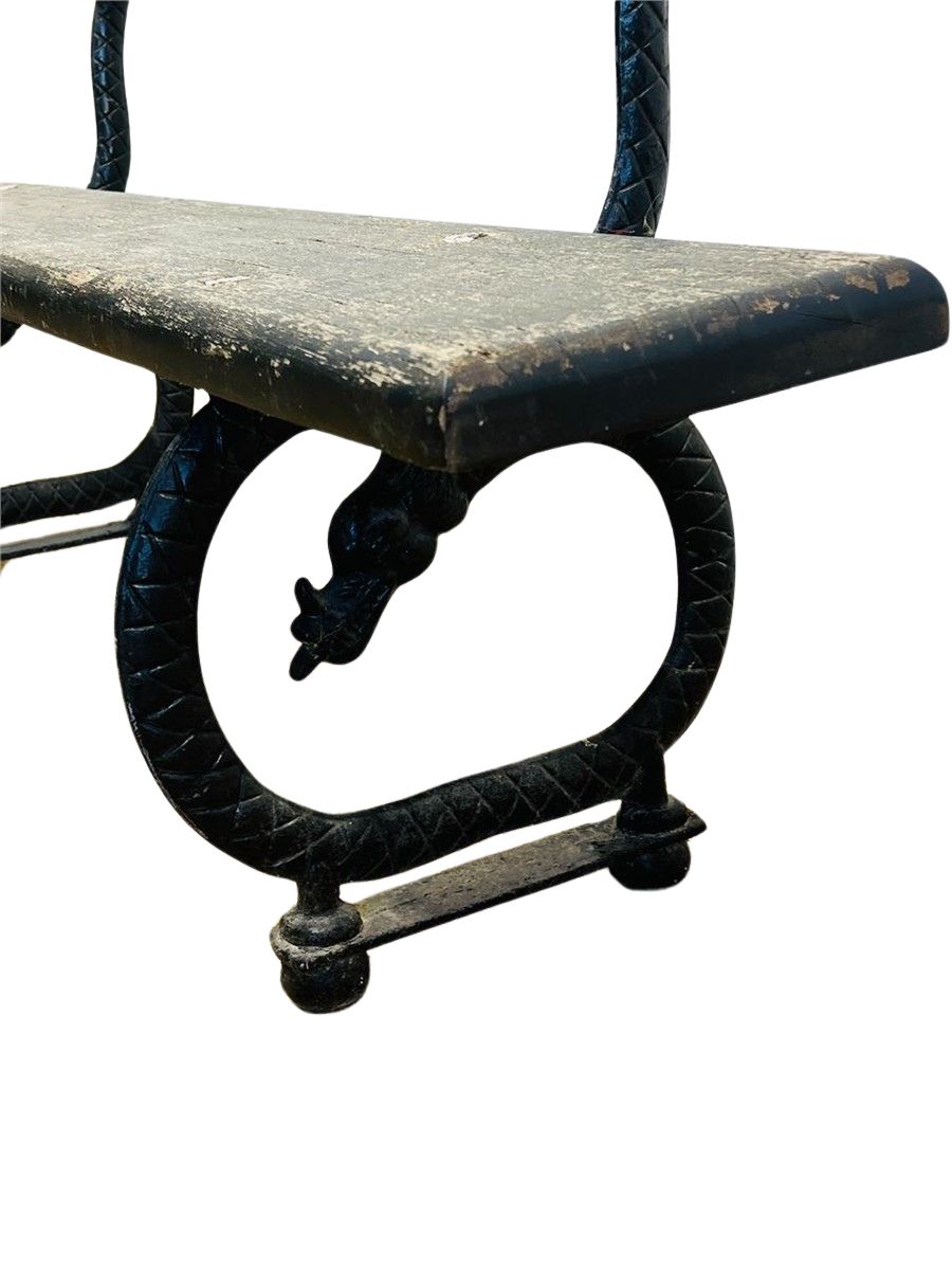 Antique French Cast Iron & Wood Park Bench – Vintage Outdoor Seating