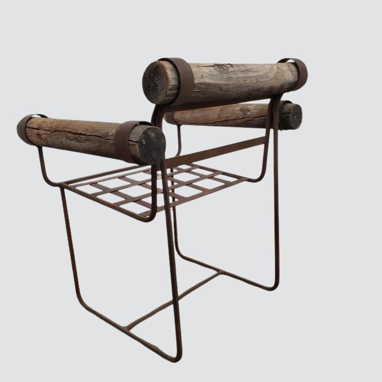 Unique Pair of Rustic Vintage Industrial Garden Chairs with Wooden Log Accents