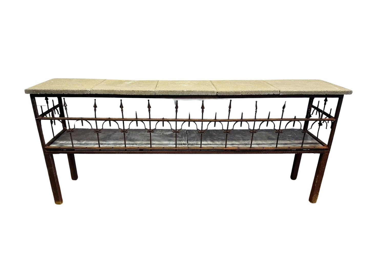 Antique French Iron & Concrete Garden Console Table – Rustic Industrial Charm