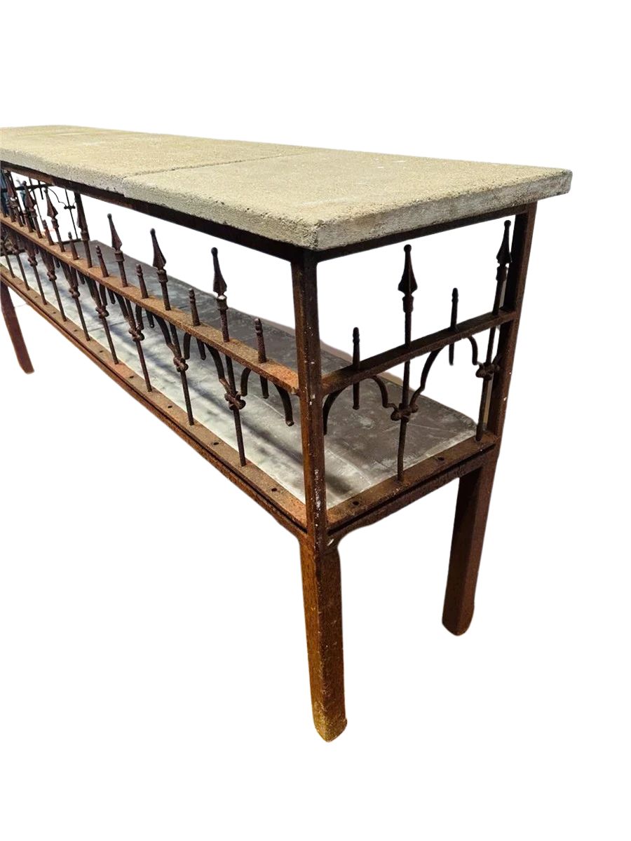Antique French Iron & Concrete Garden Console Table – Rustic Industrial Charm