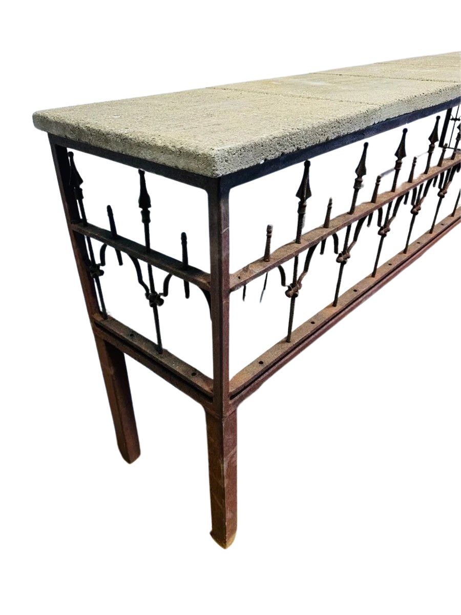 Antique French Iron & Concrete Garden Console Table – Rustic Industrial Charm