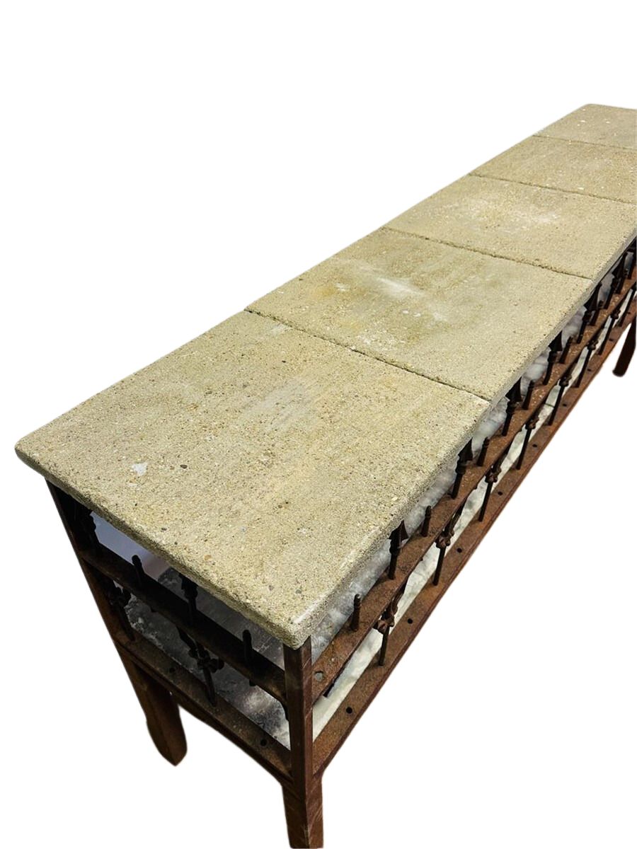 Antique French Iron & Concrete Garden Console Table – Rustic Industrial Charm