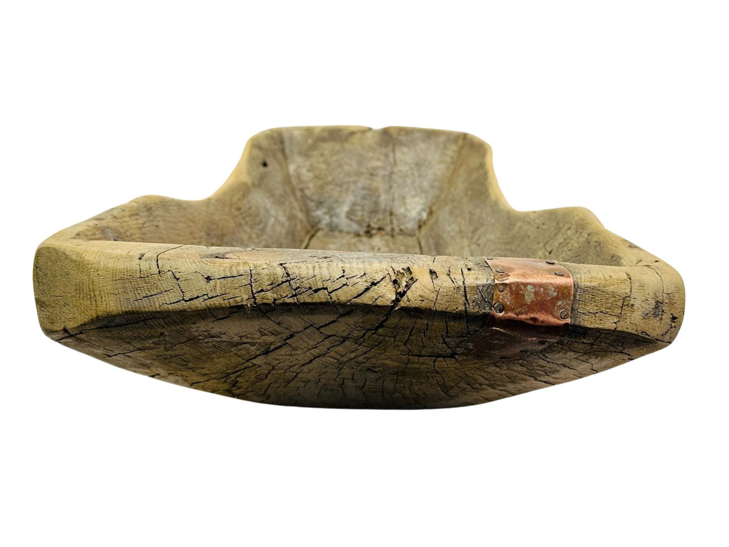 Antique Hand-Carved Wooden Dough Bowl – Rustic Primitive Trencher with Aged Repairs