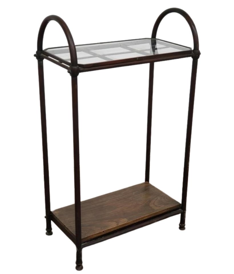 Antique Industrial Copper & Glass Entryway Stand with Wooden Shelf