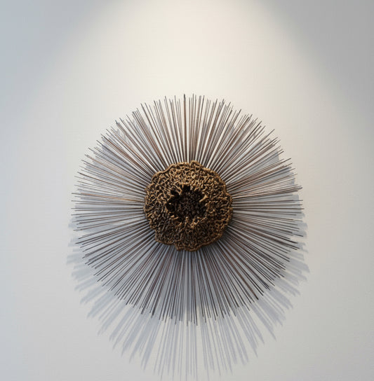 1970s Curtis Jeré and Friedle Bruce brass-style sunburst wall sculpture with torch-cut copper-toned rays and central orb, a striking Mid-Century Modern art piece — Hommes and Gardens, Wallscape Collection, Home Decor, Landscape Architect, Interior Designer, Outdoor Living, Outdoor Decorations, Home Design, Luxury Design, Art, Furniture, Objects, Best Gifts, Nature, Backyard, Yard.