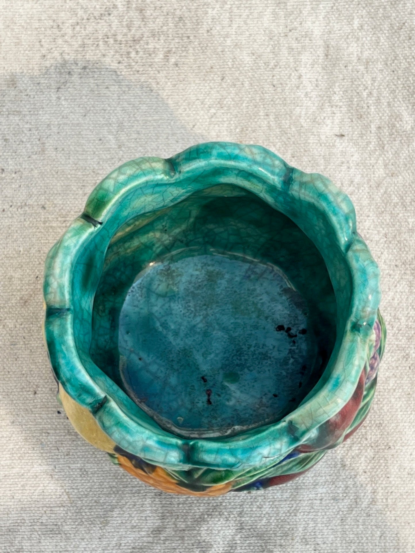 1990s glazed ceramic fruit vase featuring leafy lettuce lip and stacked fruit pattern, a bright and whimsical decorative accent — Hommes and Gardens, Vases + Vessels Collection, Landscape Architect, Interior Designer, Outdoor Living, Art, Furniture, Objects, Best Gifts, Nature, Backyard, Yard, Outdoor Decorations, Home Decor, Home Design, Luxury Design.