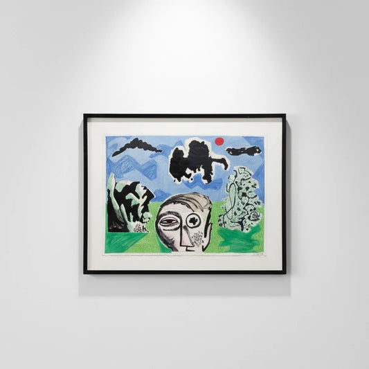 1990s untitled abstract painting by Cole, a figurative mixed media artwork on paper featuring green and blue tones, framed and signed — Hommes and Gardens, Wallscape Collection, Paintings, Vintage Artwork, Abstract Art, Mixed Media, Modern Decor, Collectible Wall Art, Fine Art Piece.