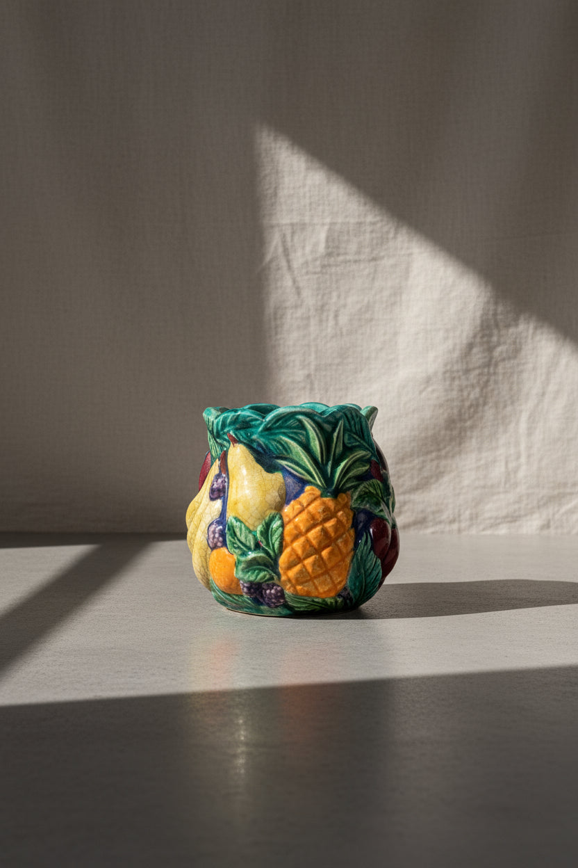 1990s vibrant glazed and painted ceramic fruit jar vase signed by the artist, featuring stacked fruit design with pineapple, pear, and lettuce leaf lip — Hommes and Gardens, Vases + Vessels Collection, Landscape Architect, Interior Designer, Outdoor Living, Art, Furniture, Objects, Best Gifts, Nature, Backyard, Yard, Outdoor Decorations, Home Decor, Home Design, Luxury Design.