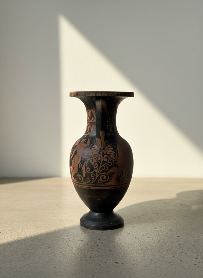Ancient Greek red-figure terracotta pelike jar, handcrafted 5th–4th century BCE artifact with preserved black slip glaze and detailed figural scene — Hommes and Gardens, Home Decor Collection, Antiques & Collectibles, Decorative Vases & Jars, landscape design, plant design, Landscape Architect, Interior Designer, Outdoor Living, Outdoor Decorations, Home Design, Luxury Design, Art, Furniture, Objects, Best Gifts, Nature, Backyard, Yard.