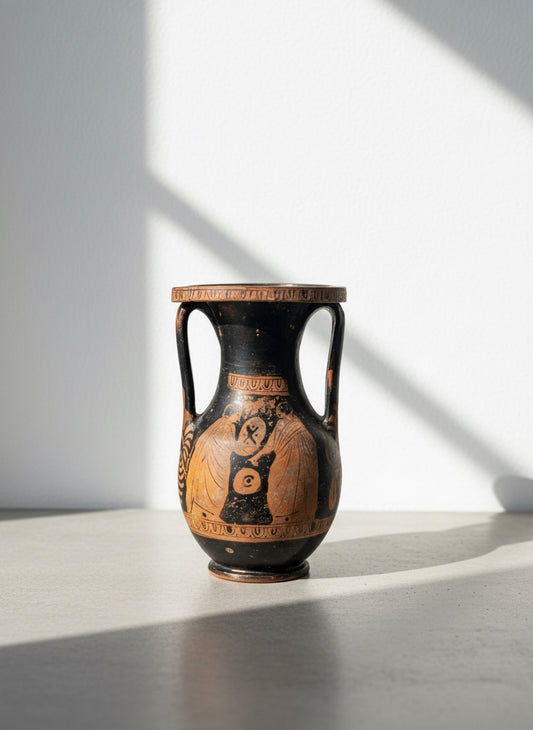 Ancient Greek red-figure terracotta pelike jar from the 5th–4th century BCE, hand-painted with figural motifs in black and red slip, a rare classical collectible vase — Hommes and Gardens, Home Decor Collection, Antiques & Collectibles, Decorative Vases & Jars, landscape design, plant design, Landscape Architect, Interior Designer, Outdoor Living, Outdoor Decorations, Home Design, Luxury Design, Art, Furniture, Objects, Best Gifts, Nature, Backyard, Yard.