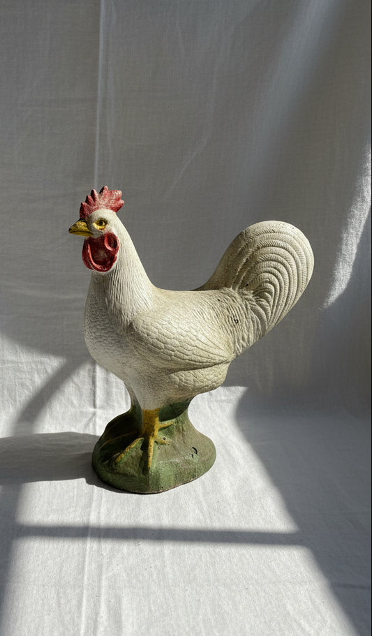 Antique French painted cast concrete rooster garden statue with weathered patina and red, yellow, and green accents, a rustic farmhouse décor piece for indoor or outdoor display — Hommes and Gardens, Fauna Collection, Home Decor, Landscape Architect, Interior Designer, Outdoor Living, Outdoor Decorations, Home Design, Luxury Design, Art, Furniture, Objects, Best Gifts, Nature, Backyard, Yard.