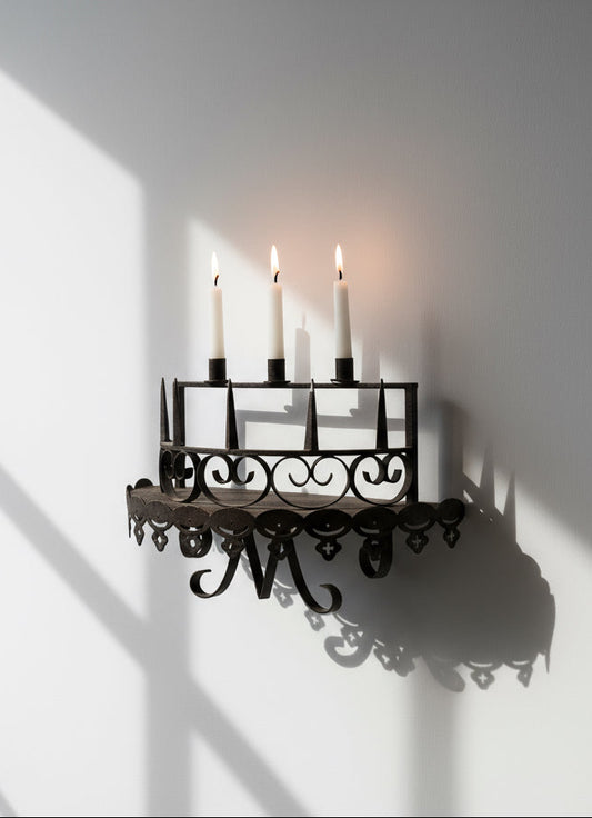 Set of two antique Gothic wrought iron candle wall sconces with intricate medieval patterns, perfect for vintage interiors — Hommes and Gardens, Home Decor Collection, Wallscape, Candles, Antique Ironwork, Decorative Objects, Gothic Style, Historic Design.