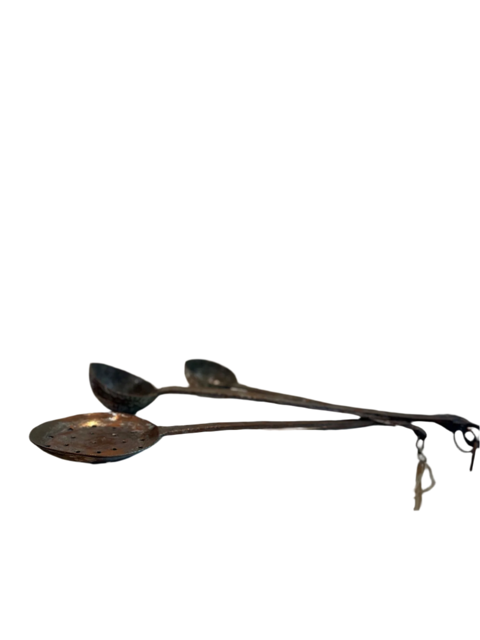 Antique hand-forged iron cooking ladles set of three with aged patina, including two deep-bowl ladles and a perforated skimmer spoon, perfect for farmhouse or rustic kitchen decor — Hommes and Gardens, Home Decor Collection, Landscape Architect, Interior Designer, Outdoor Living, Outdoor Decorations, Home Design, Luxury Design, Art, Furniture, Objects, Best Gifts, Nature, Backyard, Yard.